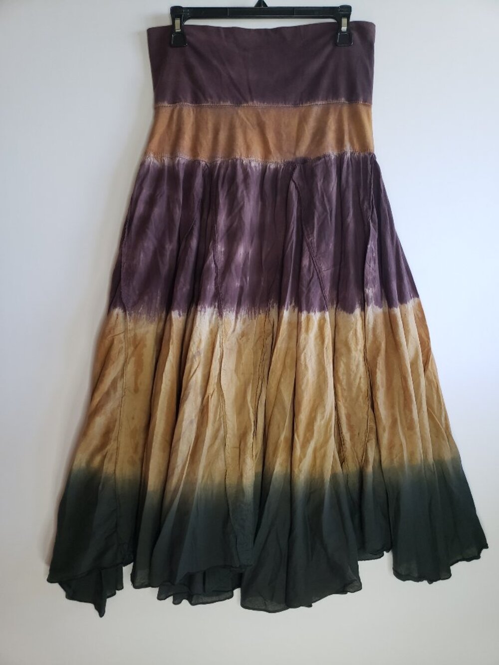 Tie Dye Broomstick Tiered Midi Maxi Skirt Indian Gypsy Hippie Boho sz L Rare Vtg